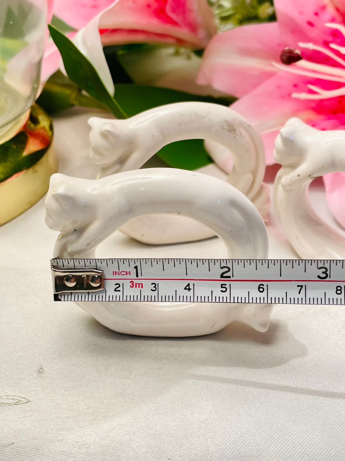 Vintage White Ceramic Cat Napkin Rings Set of 3 Approx. 7 cm Wide