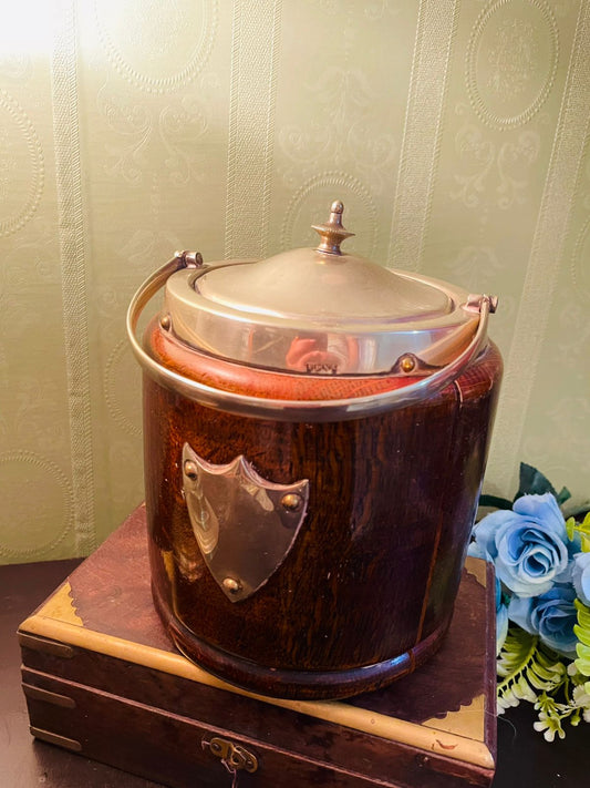 Vintage Wooden Ice Bucket with Brass Lid & Handle Barware Decor