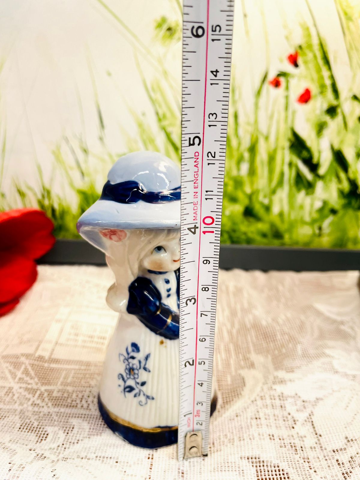 Vintage Blue & White Porcelain Lady Figurine Bell