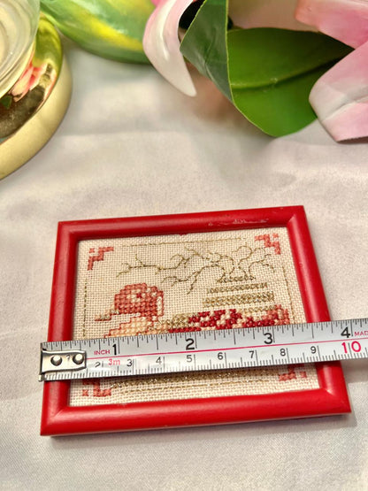 Red Framed Cross-Stitch Sewing Artwork – Approx. 10 cm