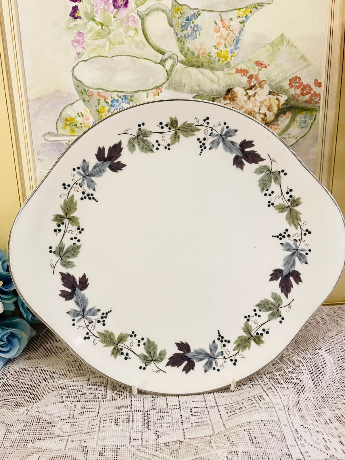 Vintage Burgundy Bone China Cake Platter | Elegant English Floral Design by Doulton & Co.