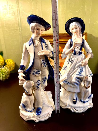 Vintage Blue & White Porcelain Figurine Pair with Dogs – 10 Inch