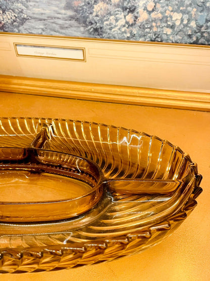 Vintage Amber Glass Divided Serving Dish 12"