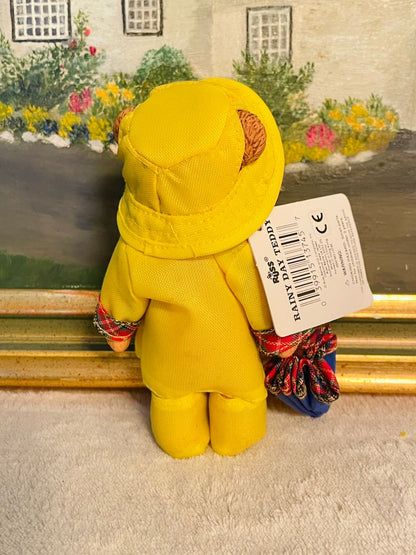Vintage RUSS Jointed Brown Bear Toy with Yellow Raincoat – Collectible Figurine