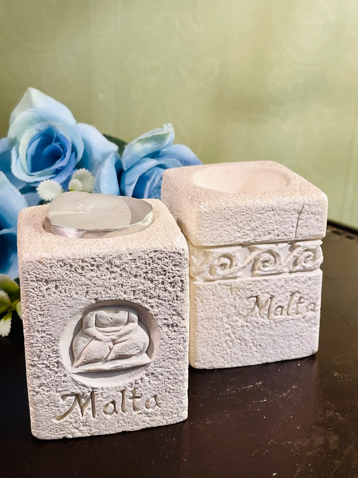 Vintage Malta Stone Tealight Candle Holders – Set of 2 (10cm)