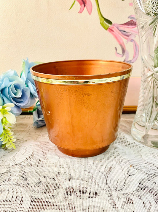 Vintage Copper Planter Pot with Brass Trim