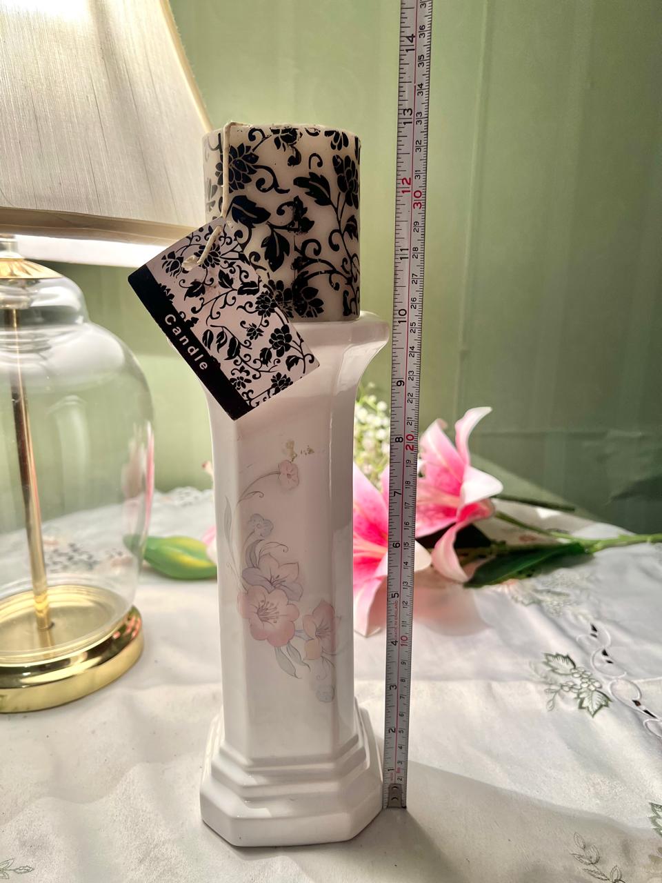 Floral Pedestal Candle Holder with Pillar Candle – Approx. 13 Inch