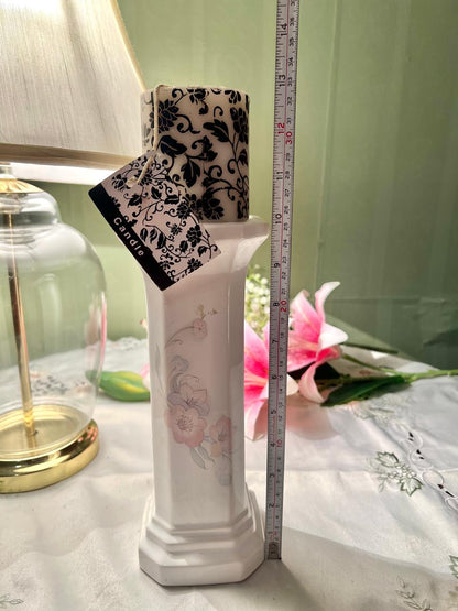Floral Pedestal Candle Holder with Pillar Candle – Approx. 13 Inch