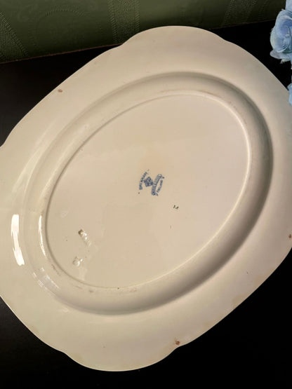 Vintage Blue Transferware Oval Serving Platter 14 Inch
