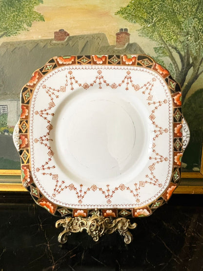 antique English plate, Crown Pottery CPLC England, vintage square dish, hand-painted ironstone, Edwardian serving plate, floral garland pattern, geometric border, early 1900s pottery, collectible English china, vintage home decor, rustic farmhouse plate, Made in England