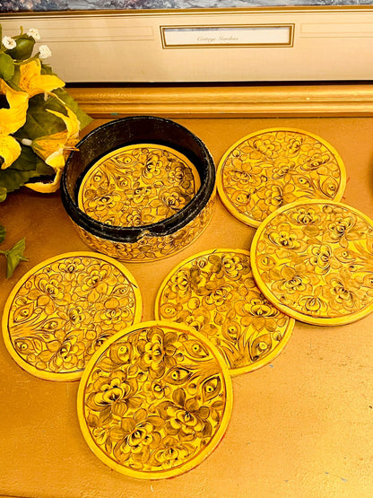 Vintage Hand Painted Wooden Coaster Set with Holder – Floral Folk Art Drinks Coasters