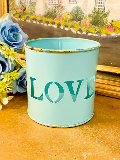 Pastel Blue “LOVE” Metal Planter – Cottage-Core Decorative Pot