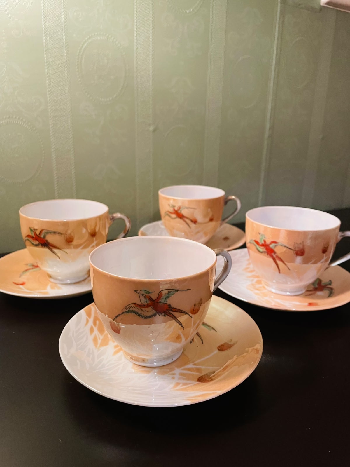 Set of 4 Vintage Bird Tea Cup & Saucer Set Floral China
