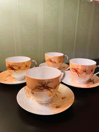 Set of 4 Vintage Bird Tea Cup & Saucer Set Floral China