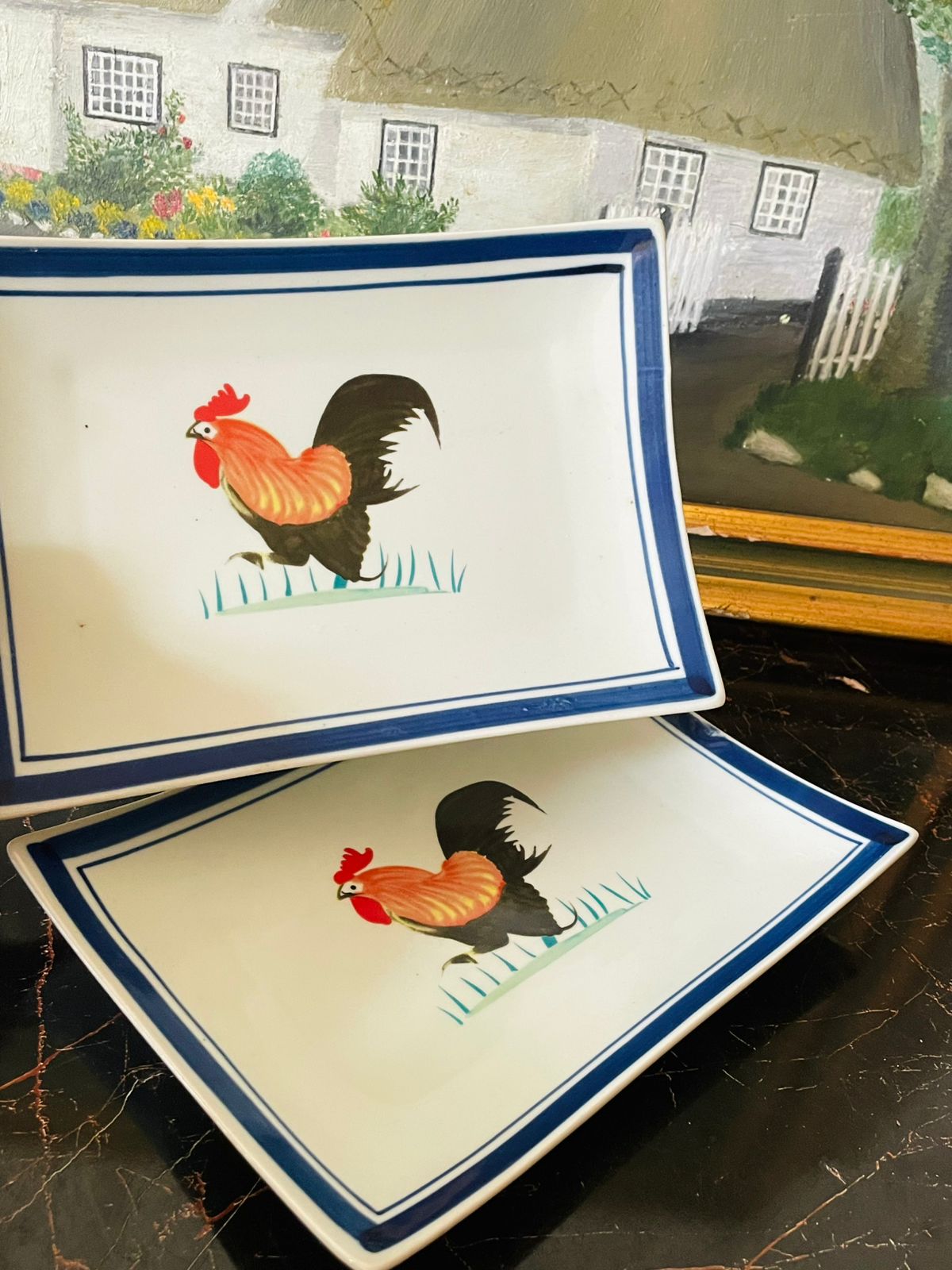 Set of 2 Hand-Painted Rectangular trays with Rooster Design – Asian Porcelain Tableware