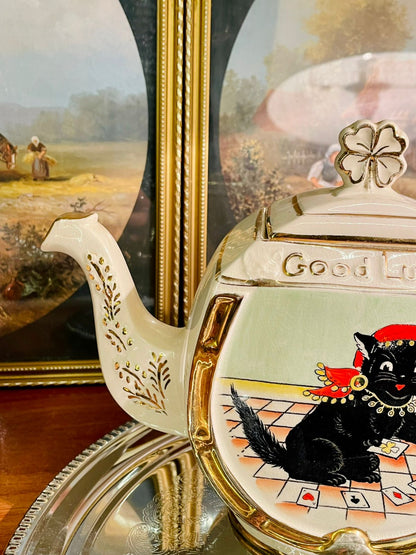 Vintage Good Luck Black Cat Teapot – Fortune & Playing Cards Design