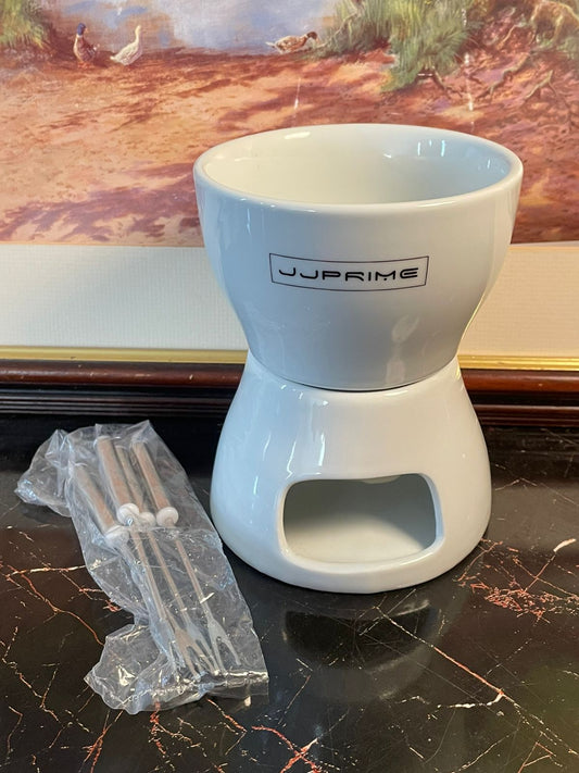 fondue set Pakistan, JJPRIME fondue bowl, chocolate melting pot, cheese fondue set, ceramic fondue pot with forks, party serving dish, romantic dinner crockery, chocolate fountain alternative, kitchenware Pakistan, dessert serving fondue