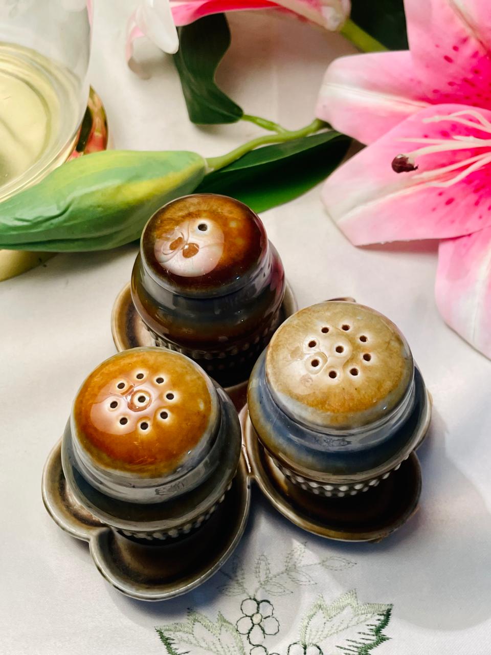 Vintage Ceramic Condiment Shaker Set with Saucers Brown Glaze