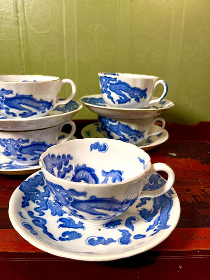 Vintage Blue & White Dragon Tea Cup & Saucer Set | 5 Persons