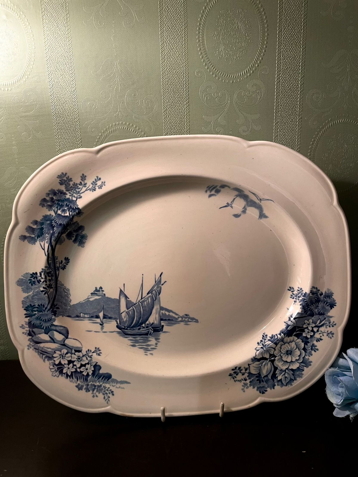 Vintage Blue Transferware Oval Serving Platter 14 Inch