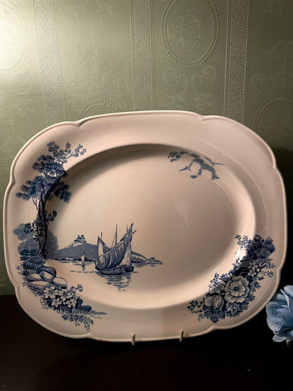 Vintage Blue Transferware Oval Serving Platter 14 Inch