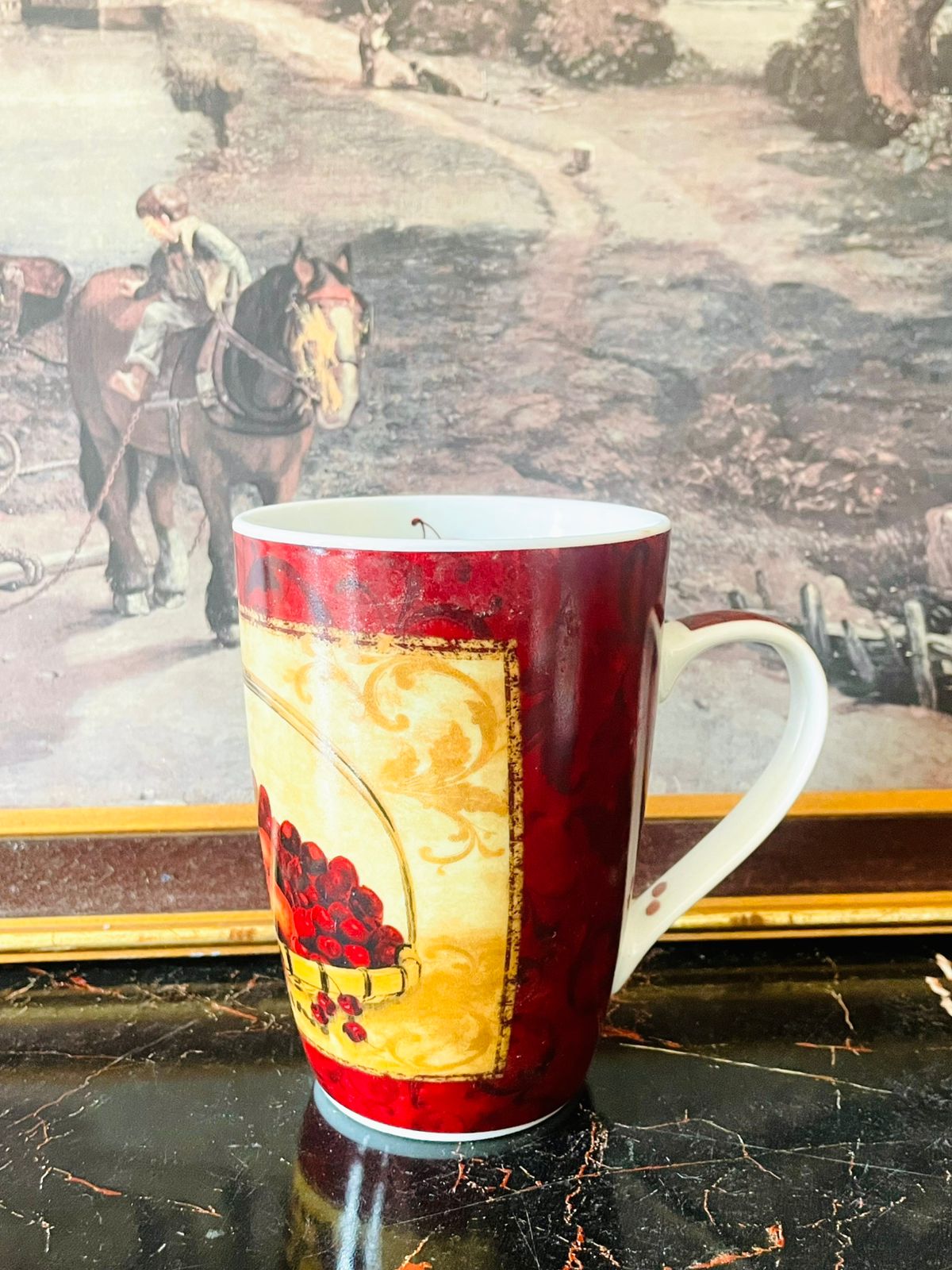 lifestyle porcelain mug, fruit basket mug, red gold mug design, english kitchen mug, fine porcelain mug england, vintage kitchen mug, rustic english decor mug, countryside crockery, designer mug england, lifestyle collections mug, porcelain tea cup, farmhouse kitchen mug, elegant coffee mug pakistan, decorative crockery, sunset kitchen collection
