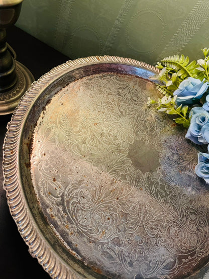 Vintage Silver Plated Round Serving Tray 14 Inch