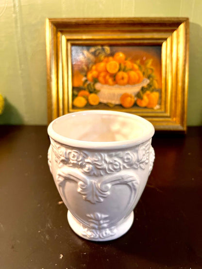 Vintage White Embossed Ceramic Planter – 4 Inch