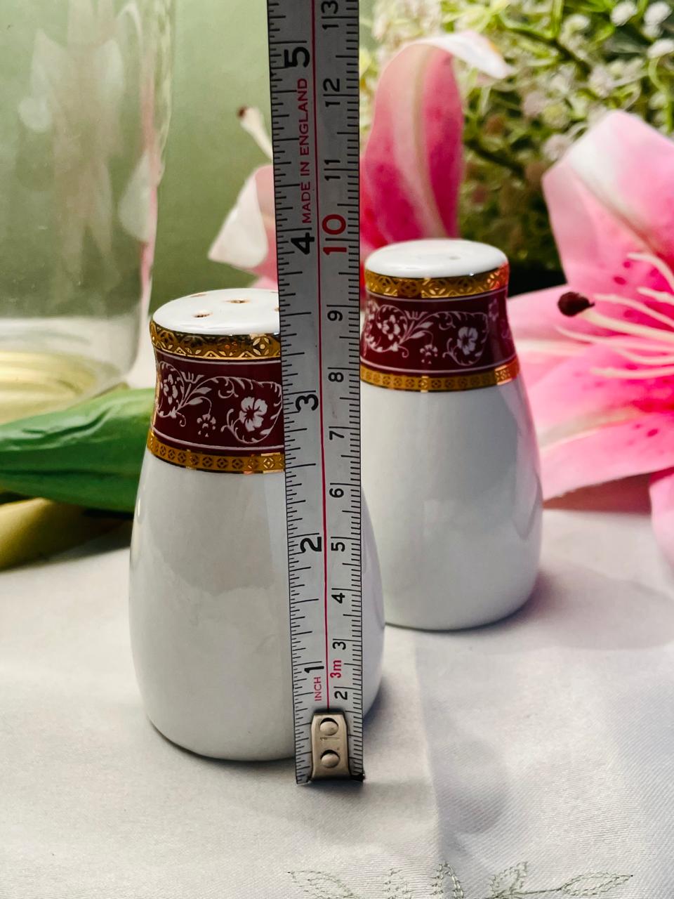 Vintage Porcelain Salt & Pepper Shaker Set Maroon Gold Floral 9 cm