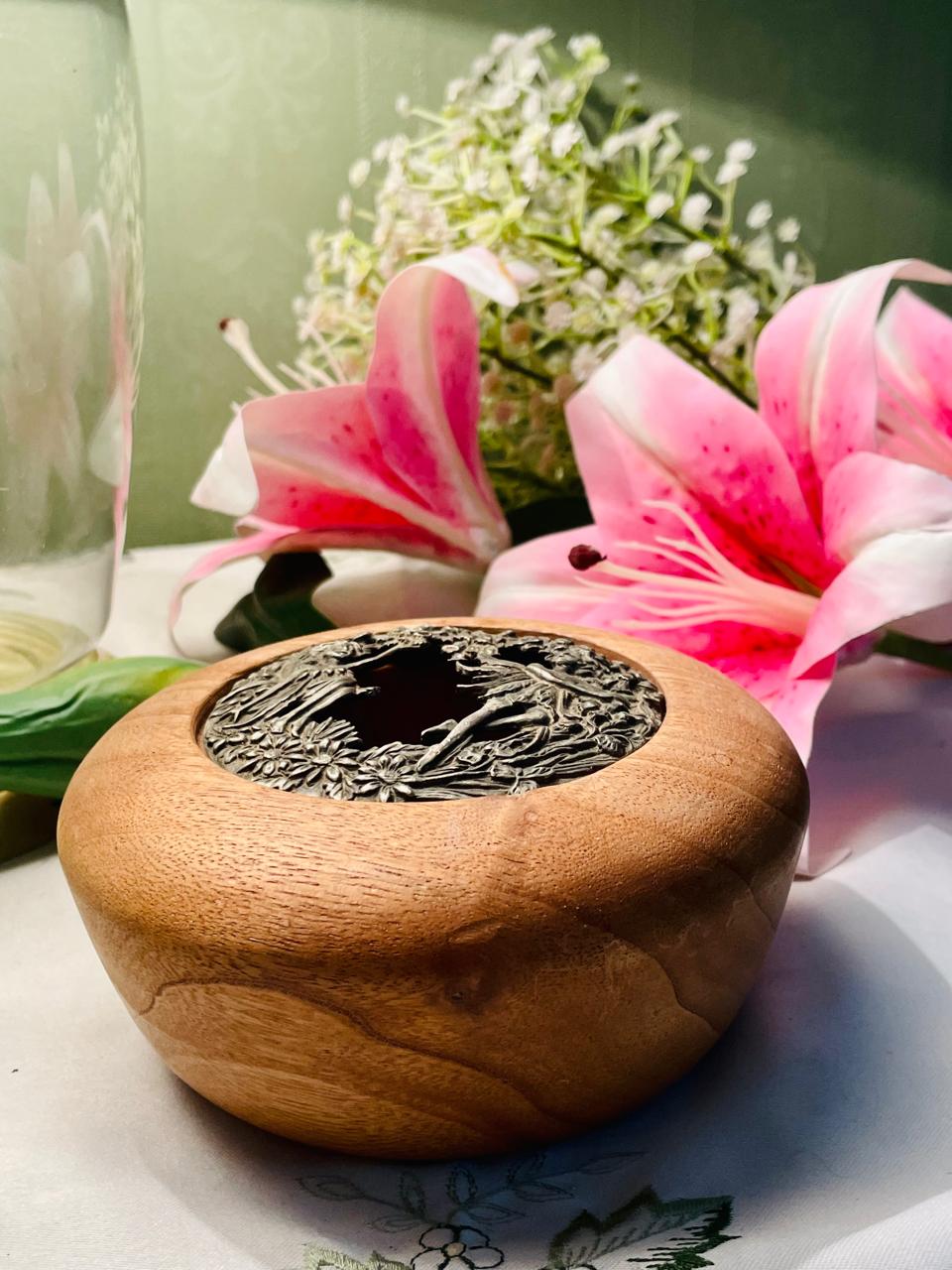 Wooden Potpourri Bowl with Ornate Metal Fairy Lid 12 cm