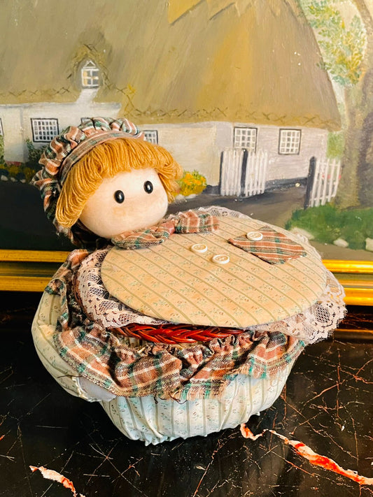 cottagecore decor, doll basket storage, wicker storage basket, fabric basket with lid, nursery decor ideas, sewing basket vintage, handmade doll box, shabby chic decor, gift for girls, home organization cute storage