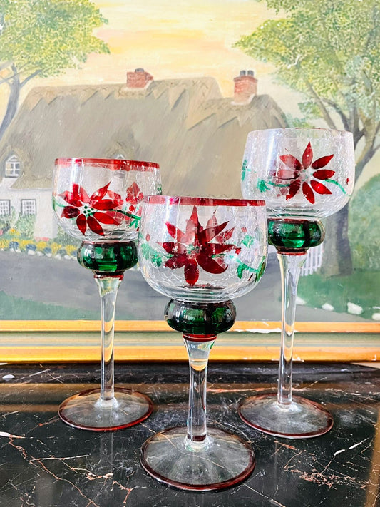 vintage crackle glass goblets, poinsettia christmas glasses, hand painted wine goblets, festive stemware set, red green holiday decor, vintage european glassware, collectible crackle glass, christmas table decor, sunset kitchen vintage
