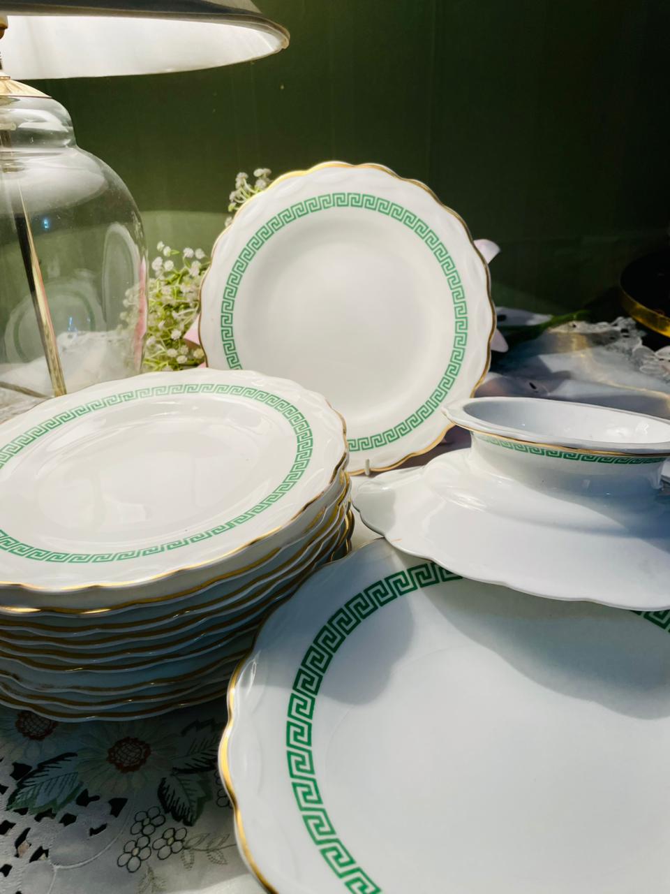 Green Greek Key Gold Rim Dinner Plates & Stand Platers