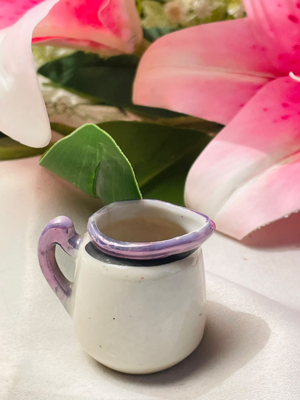 Miniature Cream Ceramic Jug with Lilac Handle Approx. 5 cm