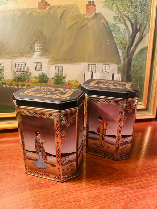Set of 2, Antique Japanese Tin Jars, Containers