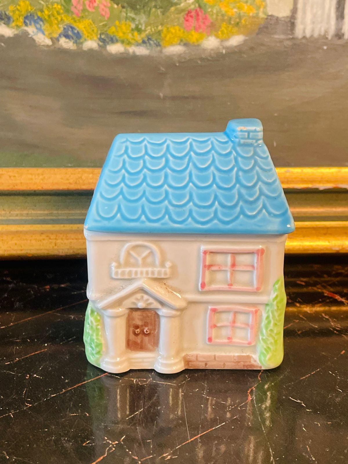 Vintage Ceramic Cottage Candle – Blue Roof House Design – England Style – 4 Inches