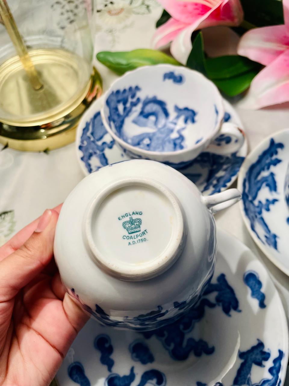 Vintage Coalport Blue Dragon Tea Cups & Saucers Set of 3 England