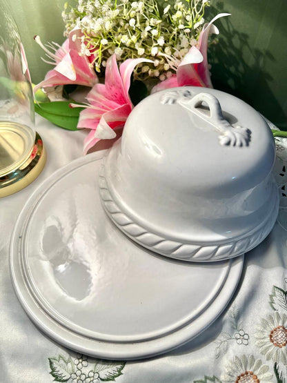 Vintage White Ceramic Cheese Dome & Serving Plate Set