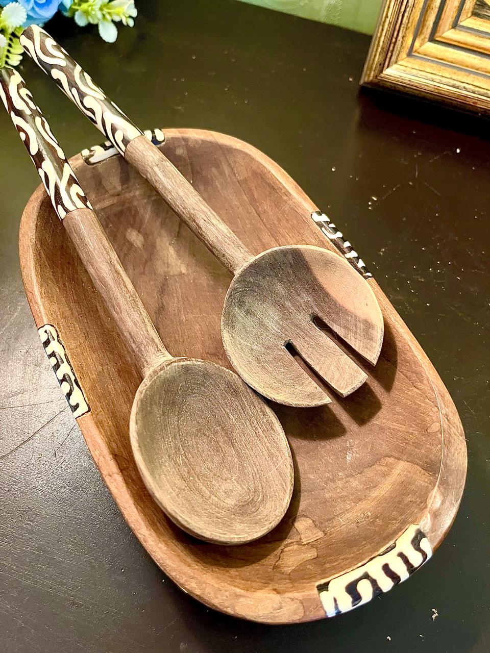 Vintage Wooden Salad Bowl & Servers Set 20 cm