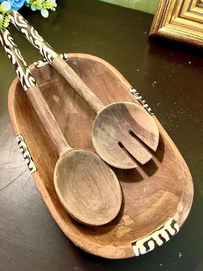 Vintage Wooden Salad Bowl & Servers Set 20 cm