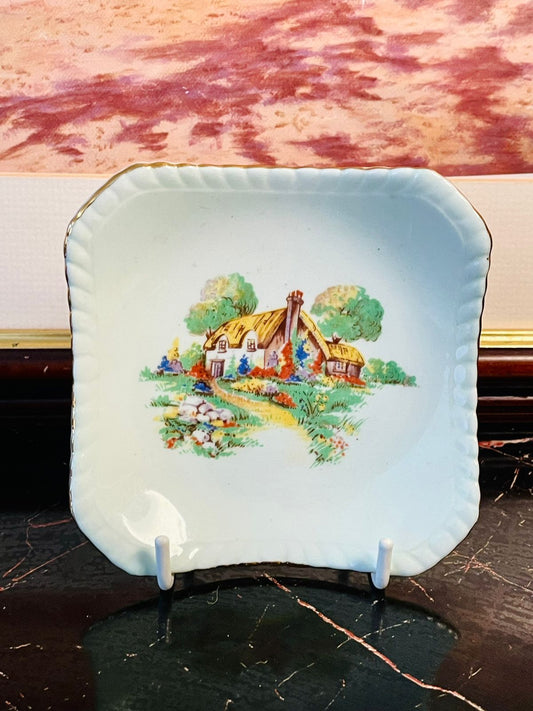 Vintage ROYAL Bone China Square Dish – Cottage Garden Scene – Made in England