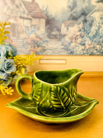 Vintage Green Leaf Creamer & Saucer Set Portugal