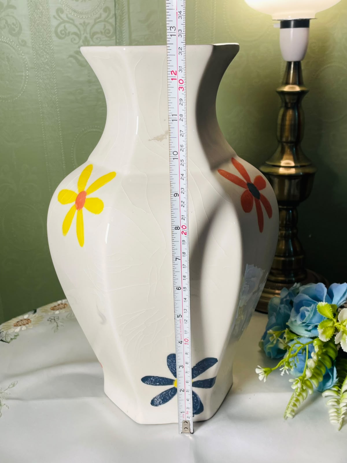 Vintage Hand painted White Floral Ceramic Vase 32 cm
