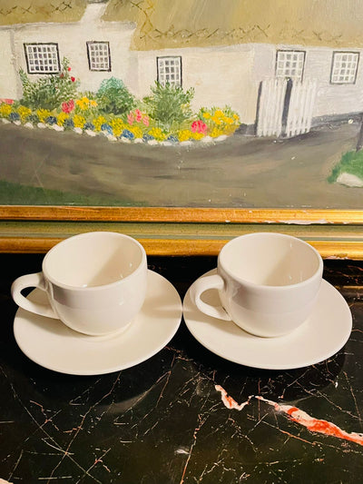 espresso cups set, made in England ceramic, white coffee cups, minimal kitchenware, café style mugs, espresso saucers, starter coffee set, home barista essentials, vintage white cups, small cups set