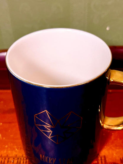 Navy Blue Lucky Star Ceramic Mug with Gold Handle 4.5"