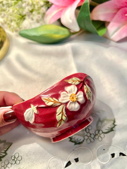 Vintage Hand Painted Burgundy Floral Ceramic Mini Bowl – 10cm