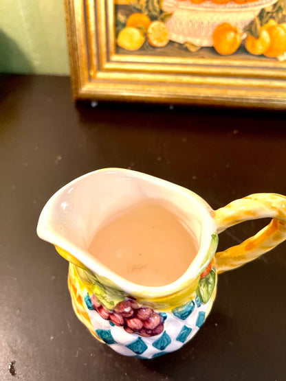 Vintage Fruit & Harlequin Ceramic Pitcher – 4 Inch