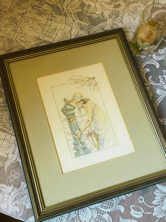 Handmade Cross-Stitch Lady Art in Gold Frame – Romantic Vintage Decor