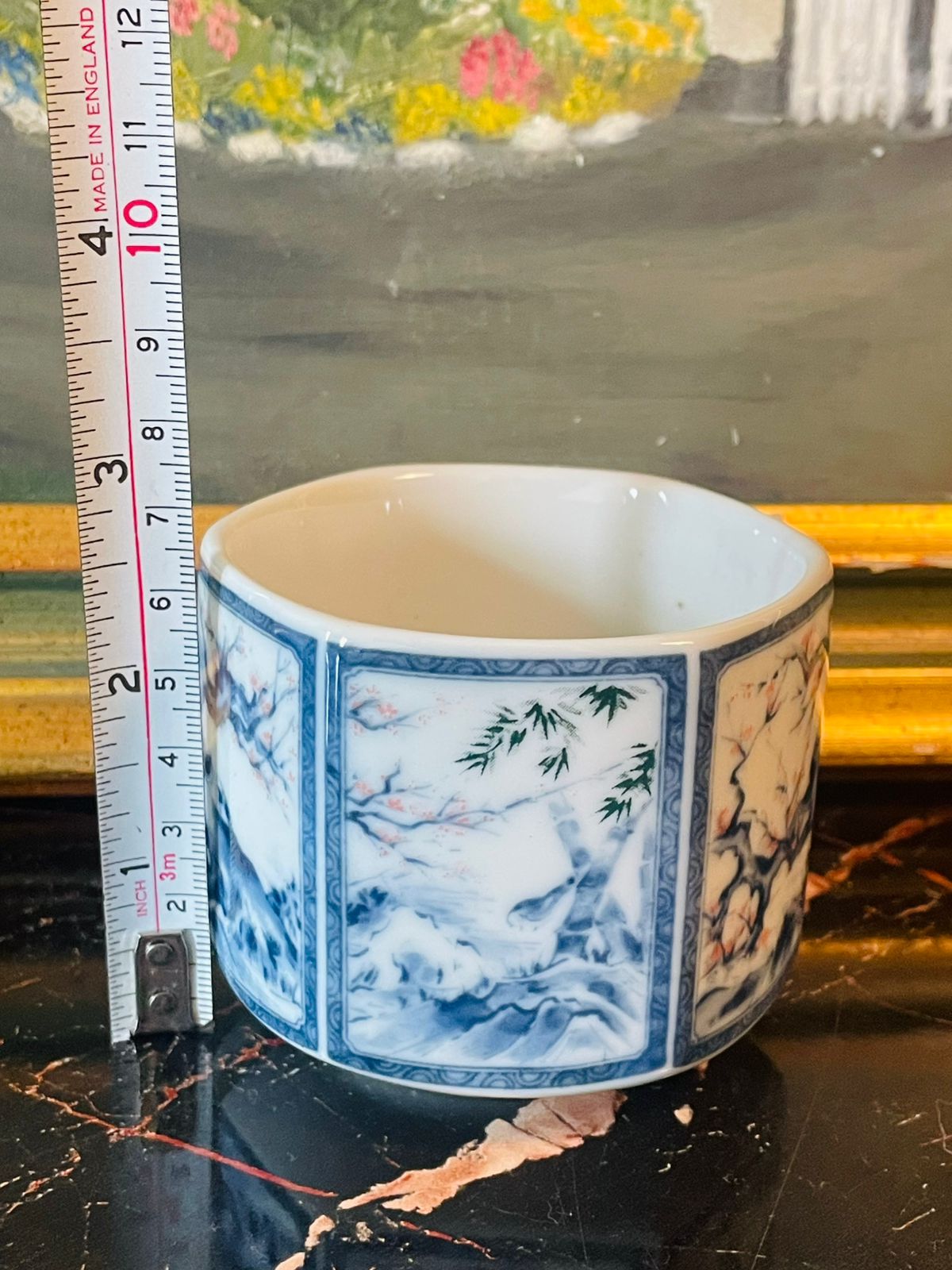 Japanese Porcelain Brush Pot – Blue & White Cherry Blossom Landscape