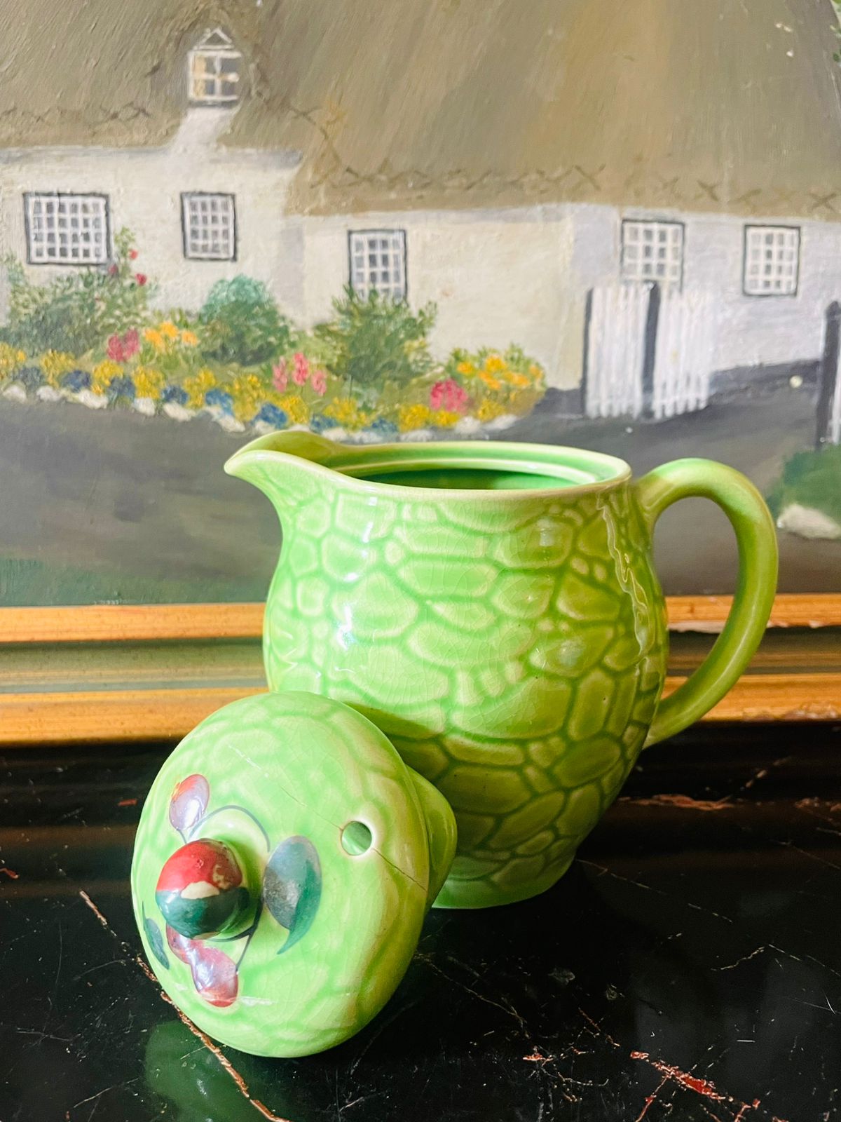 Vintage Green Glazed Pot with Lid – Textured Ceramic Jug
